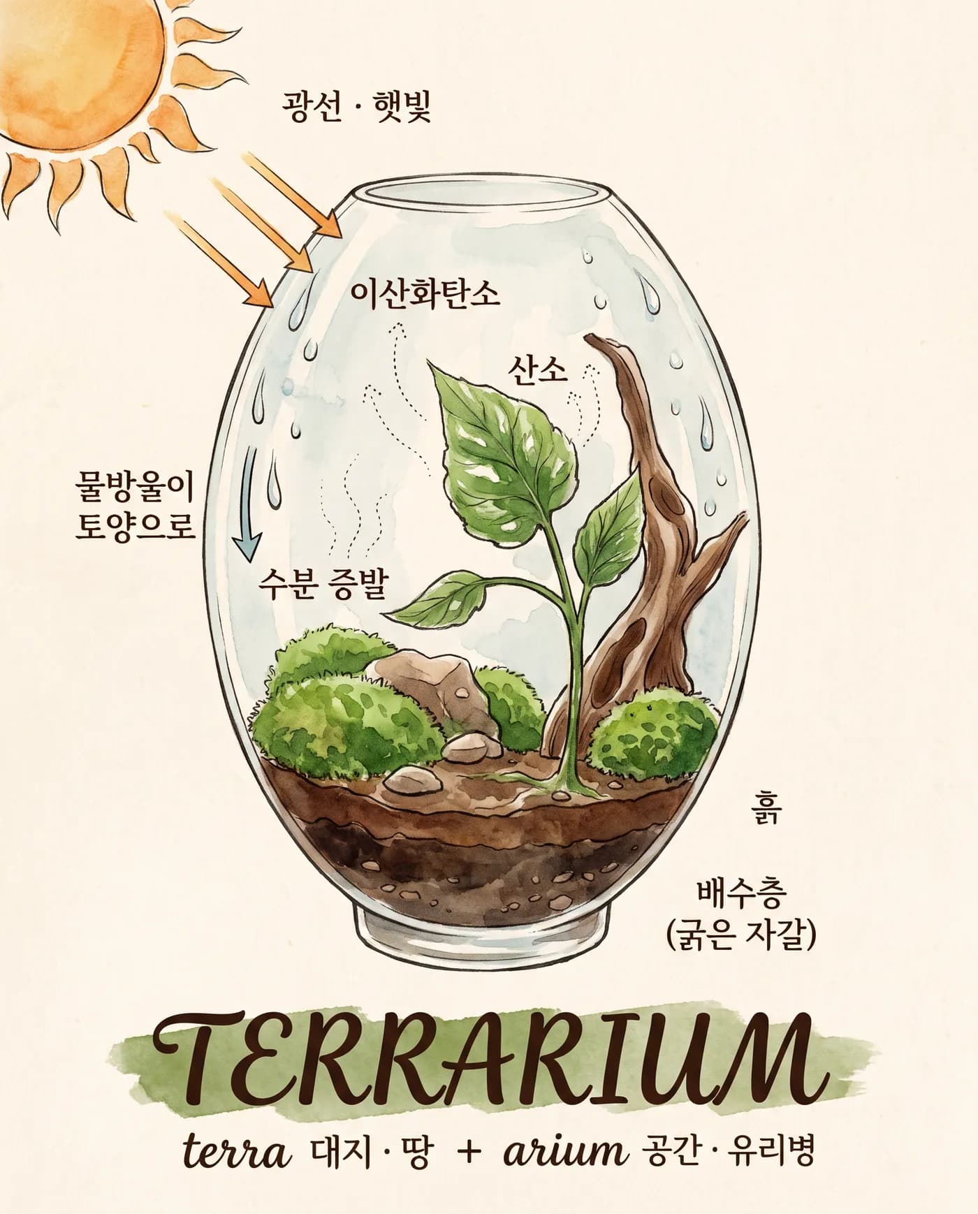 테라리움 원리: 햇빛(광선)을 받은 식물이 이산화탄소를 흡수해 산소를 만들고, 증발한 수분이 유리벽에 물방울로 맺혀 다시 토양으로 돌아가는 순환 구조. 바닥은 흙과 배수층(굵은 자갈)으로 이루어져 있습니다. TERRARIUM은 terra(대지·땅)와 arium(공간·유리병)의 합성어입니다.